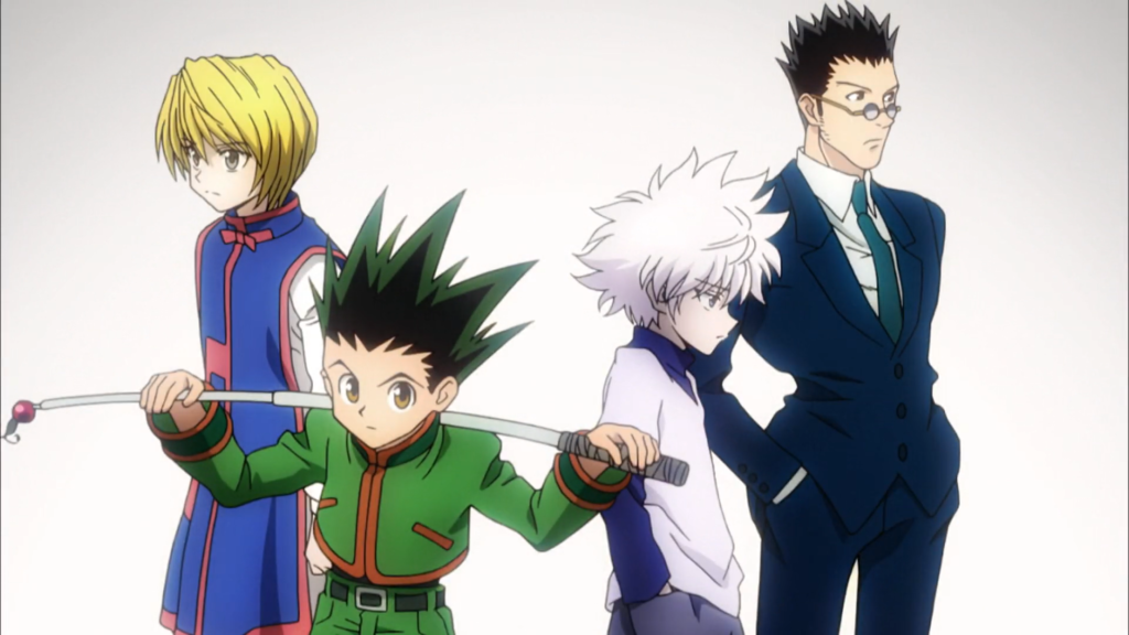 Protagonistas do anime Hunter x Hunter: Kurapika, Gon, Killua e Leorio juntos em pose séria.