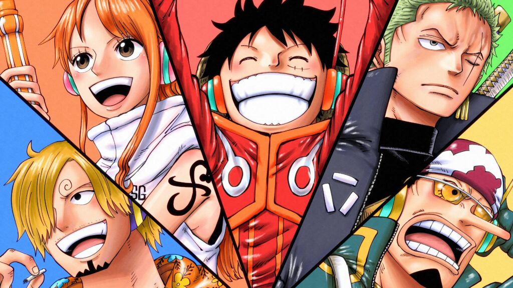 Ilustração dos personagens principais do anime One Piece divididos em seções triangulares coloridas. No centro, Luffy aparece sorrindo e animado, usando fones de ouvido e uma jaqueta vermelha. Ao seu redor, estão Nami, Zoro, Sanji e Franky, cada um expressando sua personalidade única.